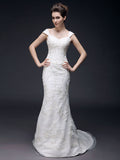 Affordable Mermaid Off Shoulder Wedding Dress Organza Short Sleeve Bridal Gowns with Sweep Train