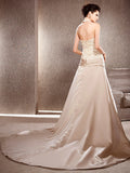 Affordable Princess A-Line Wedding Dress V-neck Lace Satin Sleeveless Bridal Gowns in Color with Chapel Train