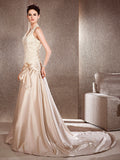 Affordable Princess A-Line Wedding Dress V-neck Lace Satin Sleeveless Bridal Gowns in Color with Chapel Train