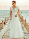 Affordable Sleeveless V Neck Chiffon Lace Zipper Wedding Dresses