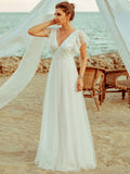 Affordable Sleeveless V Neck Chiffon Lace Zipper Wedding Dresses