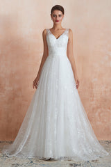 Affordable V-Neck Tulle Lace Long White Wedding Dress