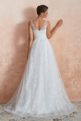 Affordable V-Neck Tulle Lace Long White Wedding Dress