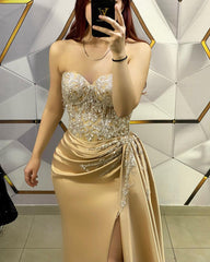 Amazing Long Champagne Sleeveless Beading Lace Evening Prom Dresses With Slit