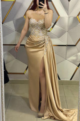 Amazing Long Champagne Sleeveless Beading Lace Evening Prom Dresses With Slit