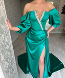 Amazing Long Green Off-the-shoulder Prom Dresses With Split