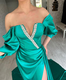 Amazing Long Green Off-the-shoulder Prom Dresses With Split