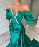 Amazing Long Green Off-the-shoulder Prom Dresses With Split