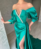 Amazing Long Green Off-the-shoulder Prom Dresses With Split