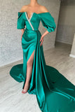 Amazing Long Green Off-the-shoulder Prom Dresses With Split