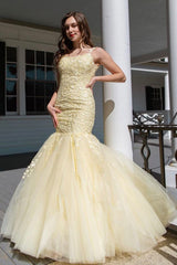 Appliques Lace Square Neckline Spaghetti Straps Sleeveless Floor-length Mermaid Prom Dresses