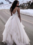 Appliques V-neck Spaghetti-Straps Attractive A-line Lace Wedding Dresses