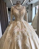 Attractive High-Neck Feathers Appliques Ball-Gown Long-Sleeves Wedding Dresses