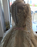 Attractive High-Neck Feathers Appliques Ball-Gown Long-Sleeves Wedding Dresses