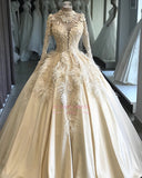 Attractive High-Neck Feathers Appliques Ball-Gown Long-Sleeves Wedding Dresses