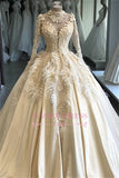 Attractive High-Neck Feathers Appliques Ball-Gown Long-Sleeves Wedding Dresses