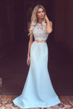 Baby Blue Two Piece Evening Dress Long Lace Mermaid Prom Dresses BA3914