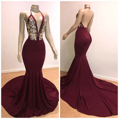 Backless Burgundy Prom Dresses Sleeveless Mermaid Evening Gowns with Crystals