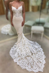 Backless Mermaid Lace Wedding Dresses Spaghetti Straps Sequins Sexy Bridal Gowns