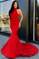 Backless Mermaid Sexy Prom Dresses Red Sleeveless Ruffles Formal Evening Gowns with Court Train