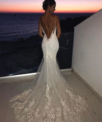 Backless Wedding Dresses Lace Mermaid | Sexy Spaghetti Straps Bride Dress