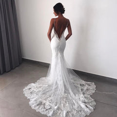 Backless Wedding Dresses Lace Mermaid | Sexy Spaghetti Straps Bride Dress