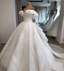 Ball-Gown Beaded Sequined Off-the-shoulder White Alluring Wedding Dresses