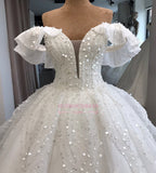 Ball-Gown Beaded Sequined Off-the-shoulder White Alluring Wedding Dresses