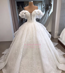 Ball-Gown Beaded Sequined Off-the-shoulder White Alluring Wedding Dresses