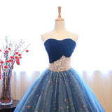 Ball Gown Strapless Embroidery Pearl Dark Blue Formal Prom Dresses