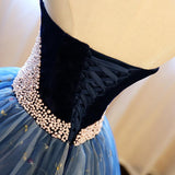 Ball Gown Strapless Embroidery Pearl Dark Blue Formal Prom Dresses