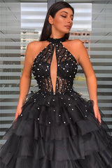 Ball-gown Sleeveless Beaded Halter Graceful Prom Dress With-tiered