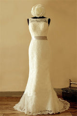 Bateau Full Lace Elegant Wedding Dress Sleeveless Sheath Bridal Gowns with Ribbon Sash