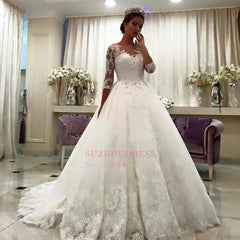 Bateau Half Sleeve Lace Ball Gown Bridal Dresses Appliques Chapel Train Wedding Dresses BA6591