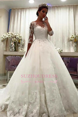 Bateau Half Sleeve Lace Ball Gown Bridal Dresses Appliques Chapel Train Wedding Dresses BA6591