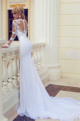 Bateau Lace Sexy Wedding Dresses Long Sleeve Side Slit Court Train Chiffon Bridal Gowns