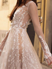 Beach A-Line Wedding Dress Scoop Lace Tulle Long Sleeve Sexy See-Through Bridal Gowns