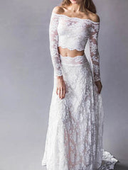 Beach Boho Two Piece Wedding Dress Off Shoulder Lace Long Sleeve Sexy Bridal Gowns Sweep Train