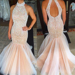 Beaded Crystals High Neck Mermaid Prom Dress Open Back Sleeveless Evening Gowns BA2615