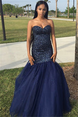 Beading Popular Sequins Tulle Navy Strapless Sleeveless Shiny Blue Prom Dress