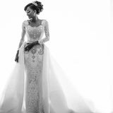 Beads Crystals Long Sleeve Wedding Dresses | Luxury Overskirt Cathedral Train