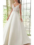 Beautiful A-Line Lace Wedding Dress Satin Straps V-Neck Bridal Gowns On Sale