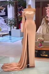 Beautiful A-line Off-the-shoulder Long Sleeve Prom Dresses With Glitter