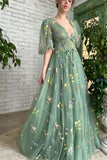 Beautiful Green V-neck A-line Appliques Prom Dress