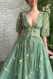 Beautiful Green V-neck A-line Appliques Prom Dress