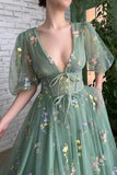 Beautiful Green V-neck A-line Appliques Prom Dress