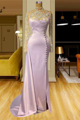 Beautiful Long Mermaid High Neck Lace Beading Evening Prom Dresses With Long Sleeves