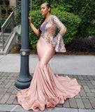 Beautiful One Shoulder Nude Pink Sequins Mermaid Prom Dresses