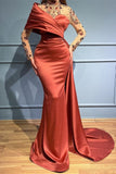 Beautiful Russet One Shoulder Stretch Satin Evening Prom Dresses with Ruffles