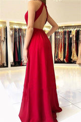 Beautiful Side-Split A-line V-Neck Red Open-Back Prom Dresses